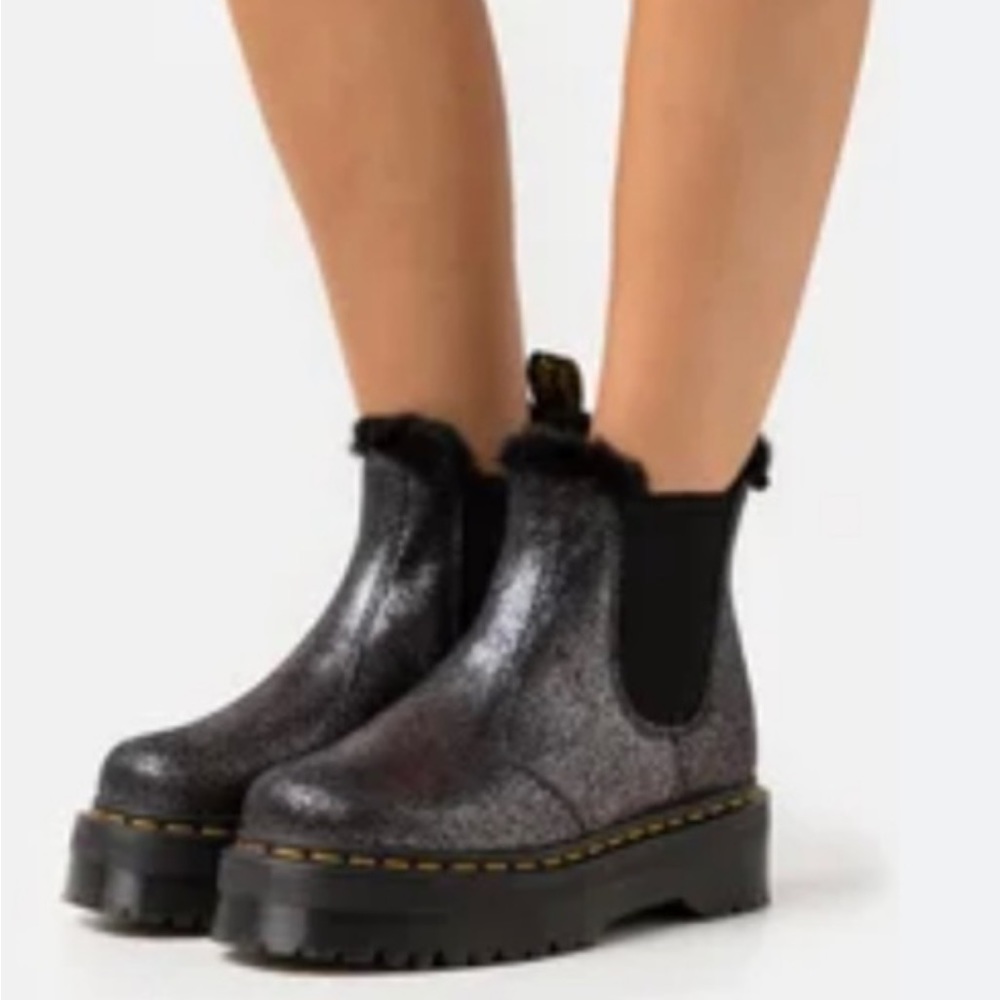NWT Dr. Martens liquid Chelsea Boot Platforms leather metallic Fur Whemsigoth